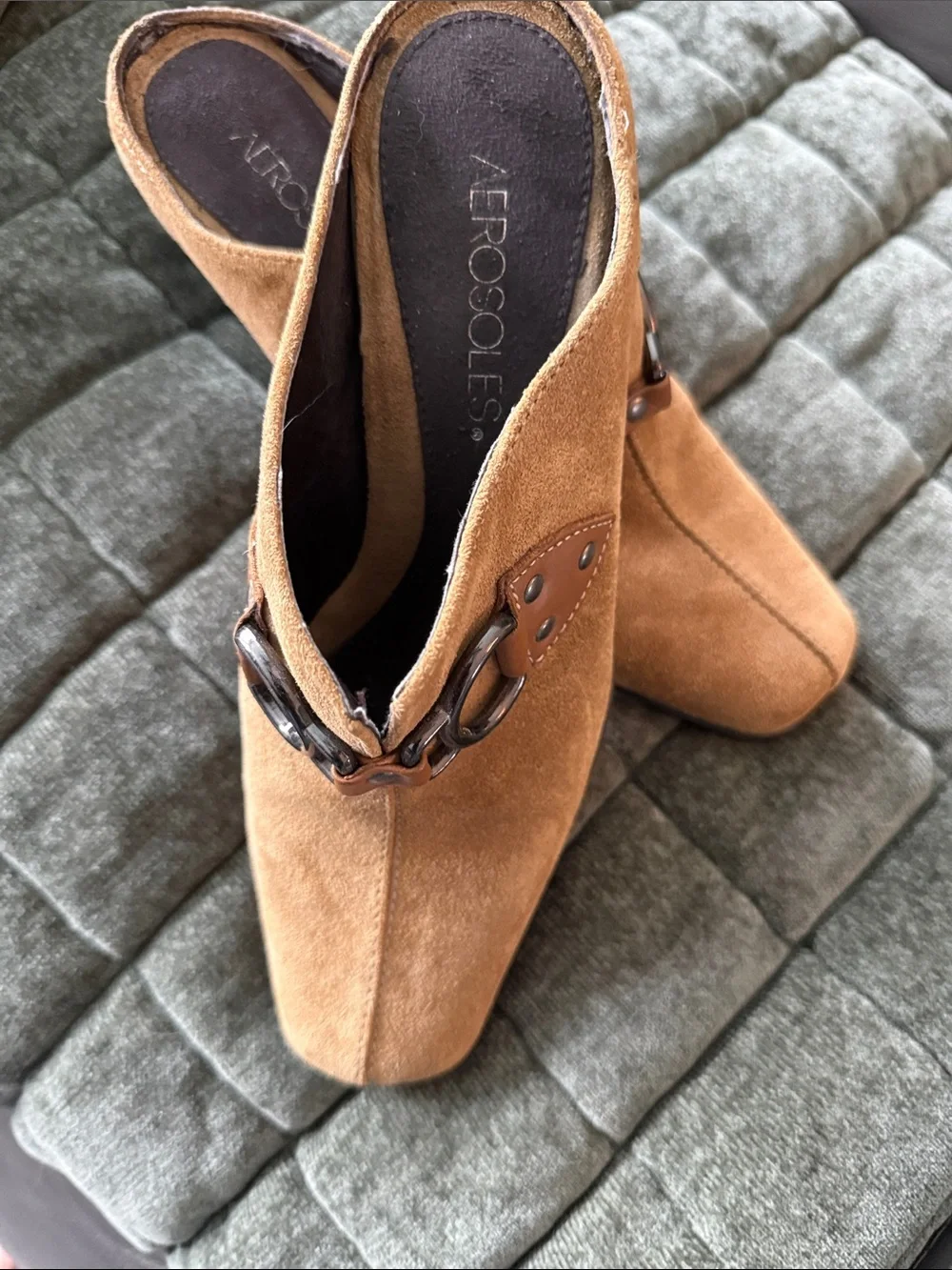 AEROSOLES Tan Suede Slip-On Loafers with Metal Horsebit